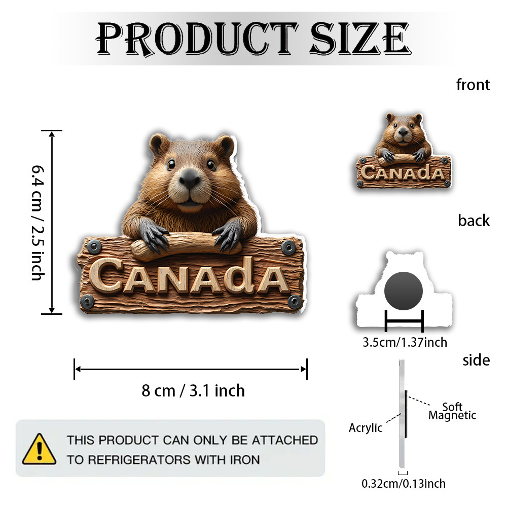 TEMU 1pc Of A 2d Flat Magnet Made Of Acrylic And Rubber, Featuring A Beaver Sticker From Canada. This Realistic Wildlife Art Includes Rustic Wood And