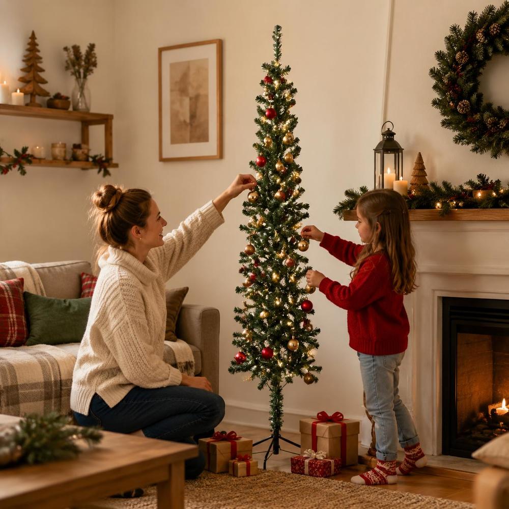 Image of Half Christmas Tree 150cm, Slim Artificial Xmas Tree With Stand, Space Design, Realistic Pvc Foliage For Home Holiday Decoration, Green
