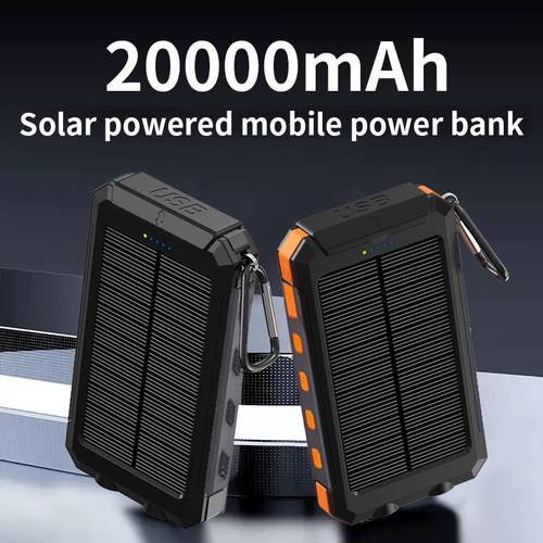 20000mah portable solar power bank portable solar mobile phone charger camping external battery charger for mobile phones for iphone samsung portable charger 2 usb led flashlights with compass for outdoor activities