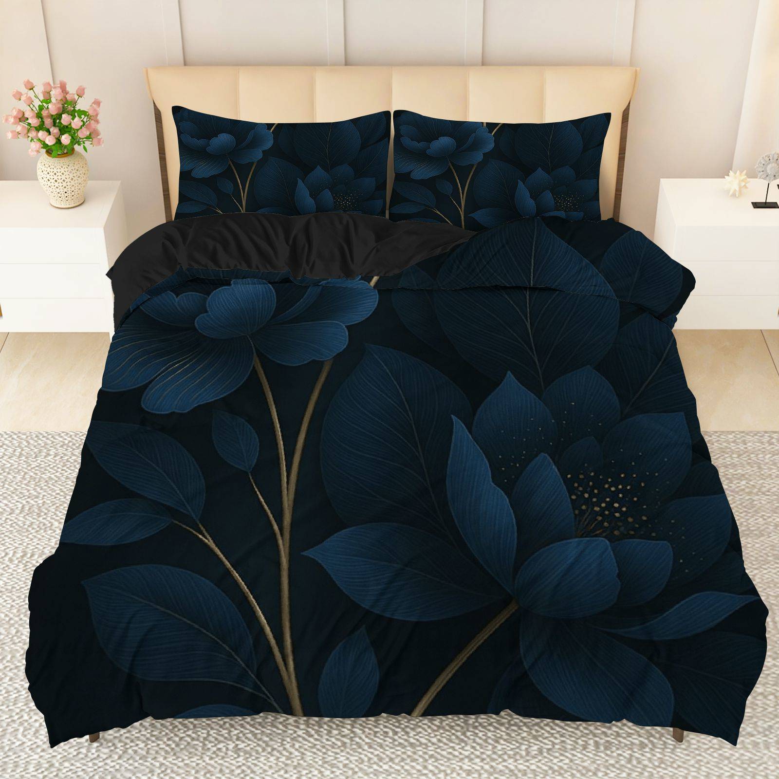TEMU 3pcs Bedding Including 1 Duvet And 2 Pillowcases (filler Not Included), Featuring An Elegant Floral Botanical Design In Dark Blue, Perfect For