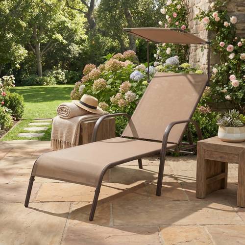 outdoor recliner lounge chair with adjustable canopy cup holder 5 position reclined backrest heavy duty metal chaise lounger for poolside backyard patio brown