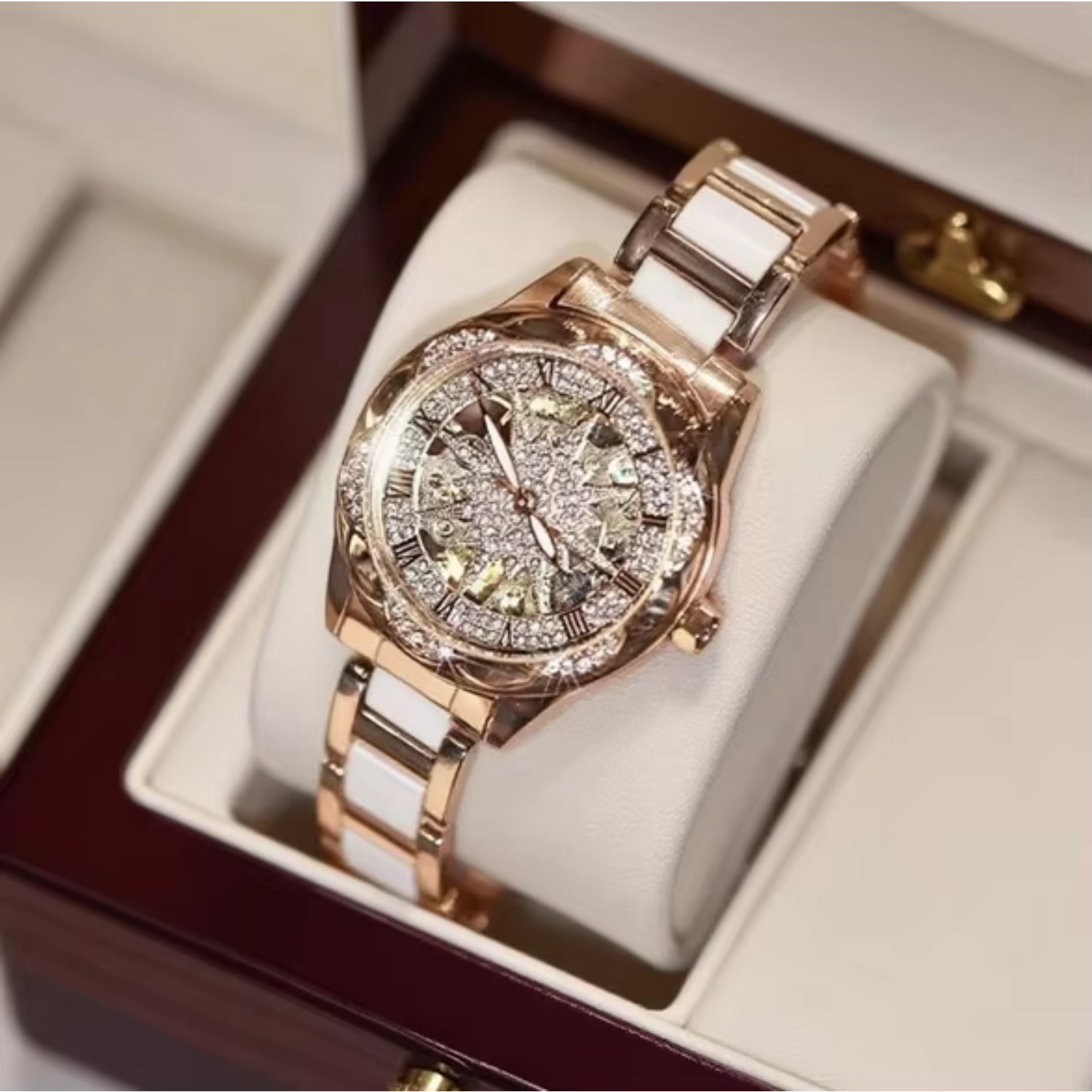 TEMU Mechanical Watch With Movement Design - Stainless Steel Strap And Ceramic Case, Elegant Sunflower Pattern, Round Watch For Casual And Formal
