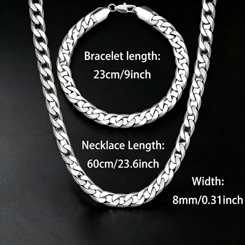 TEMU 925 Silvery Men's Jewelry Set, 8mm Cuban Chain Necklace And Bracelet Combo, Suitable For Daily Wear, Parties, Gatherings & Festival Gifts, With