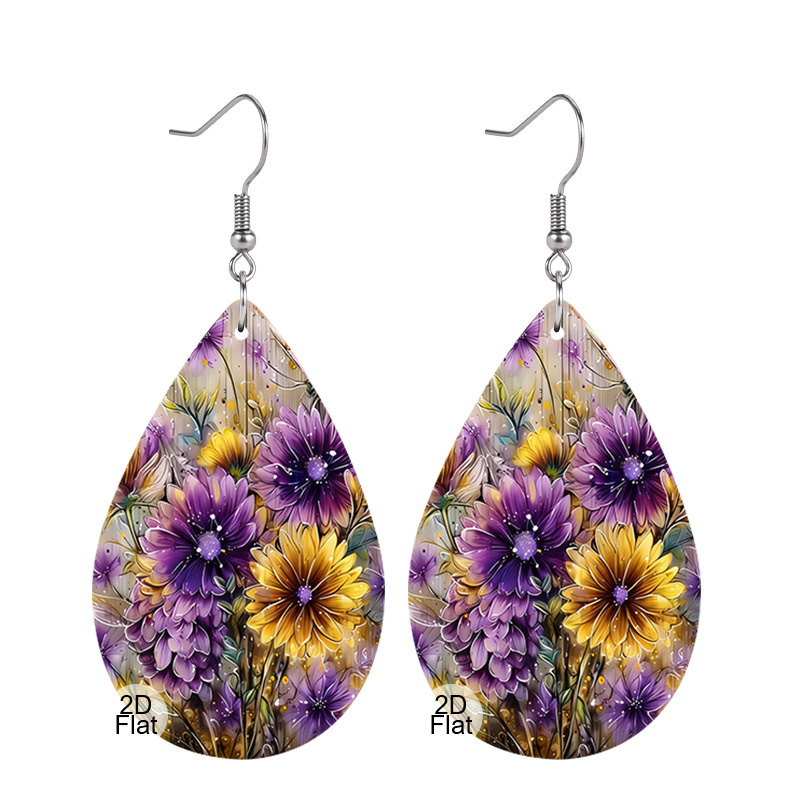 Women's Lightweight PU Leather Teardrop Earrings, Floral Design
