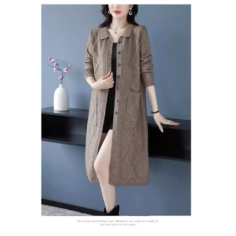 womens long cardigan sweater for spring and autumn loose coat with   collar knee length featuring thick yarn and pockets embodying a vintage artistic style