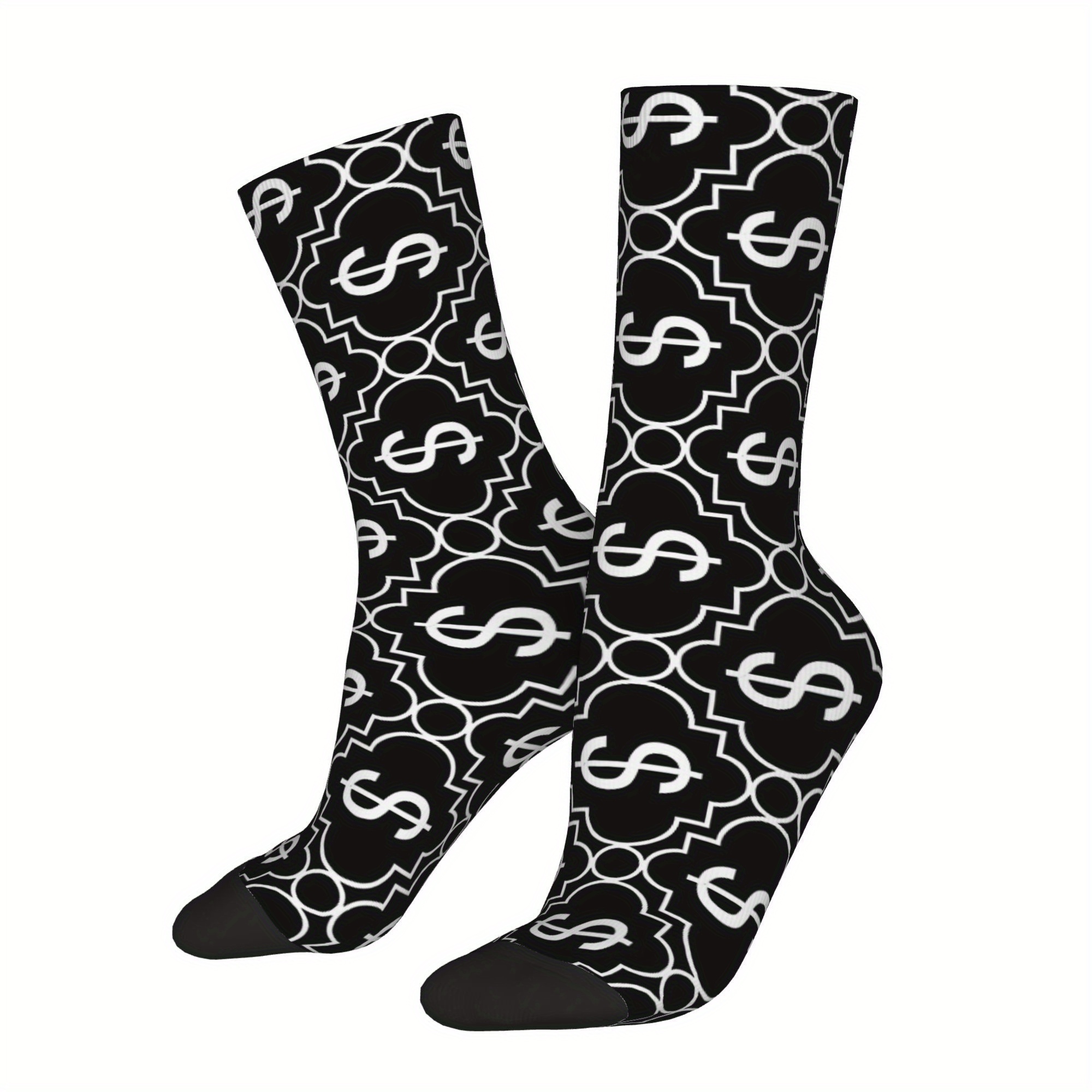 

1 Pair Men's Novelty Socks, Retro Hip Hop Money Print, Polyester & Spandex, Hand Wash Or , Knit Fabric, Casual Crew Crazy Sock Gift