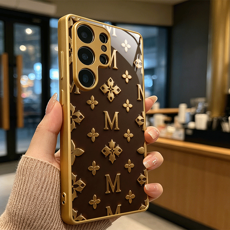 TEMU Phone Case - Golden Floral M Patterned Phone Case Metallic-end Golden Glass Case For Galaxy S26 Ultra/s25 Ultra/s24 Ultra/s23 /s22