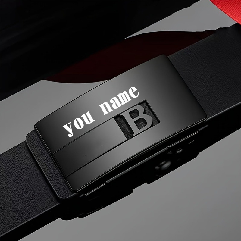 ized Name/Initials Engraved Men's Automatic Buckle Belt - Custom PU Leather Dress Belt with Golden-Tone Buckle, No-Hole Closure, Black Strap for Business, Wedding, Casual - Ideal Gift for Husband, Father's Day, Christmas (Add Your