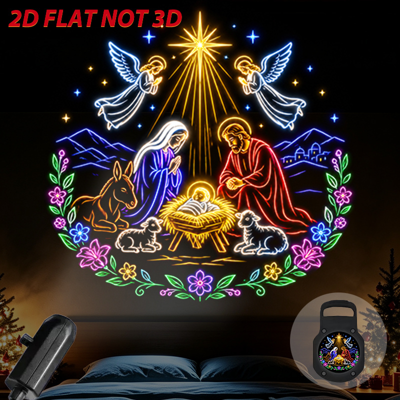 TEMU 1pc 2d Flat Portable Projector Lamp Magical Christmas Nativity Scene With Angels Animals Stars And Lights For Home Indoor Festive Decoration Usb