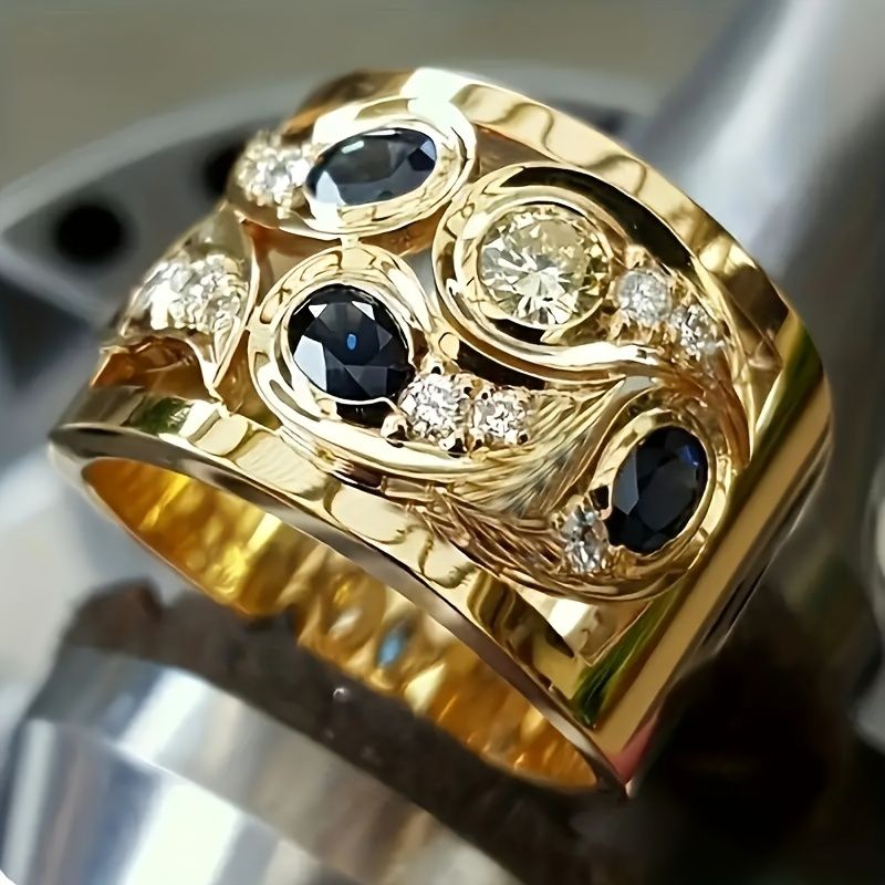 Image of Luxury Middle Eastern Style Exquisite Inlay Blue Synthetic Gemstone Wide Rings For Women Men Daily Party Banquet Vintage Rings Jewelry Wedding Anniversary Gift