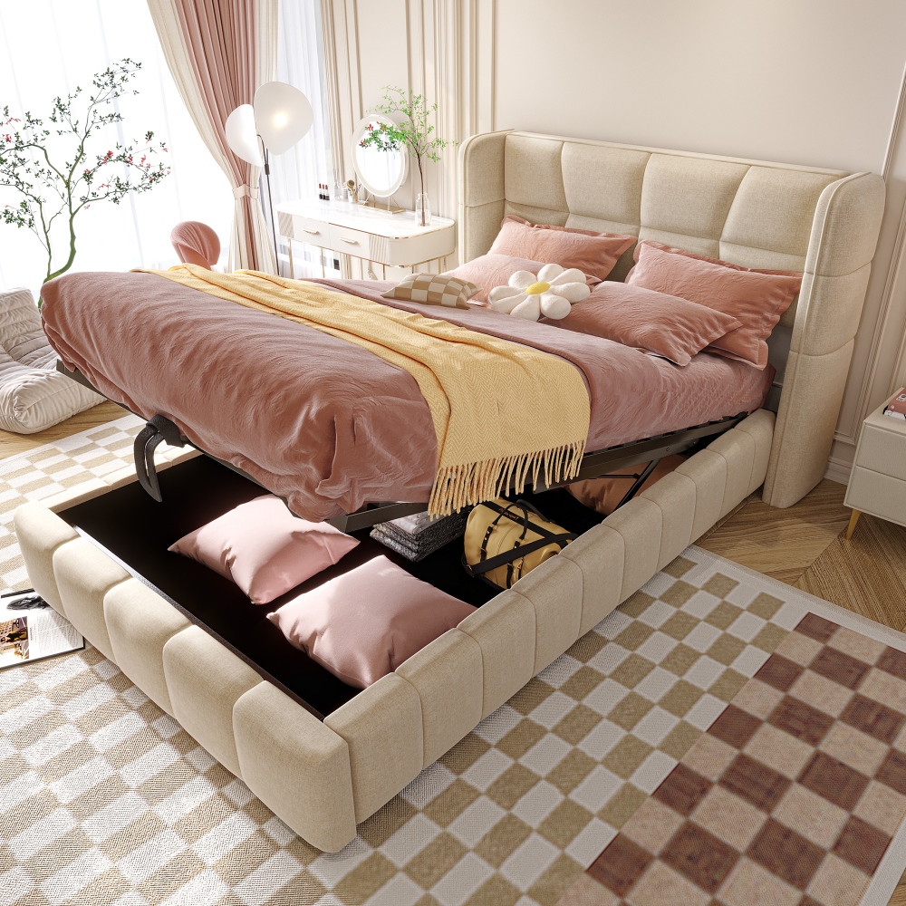 90x200cm Upholstered Single Storage Bed, Hydraulic Lift Mechanism, Beige Fabric, Includes Slatted Frame