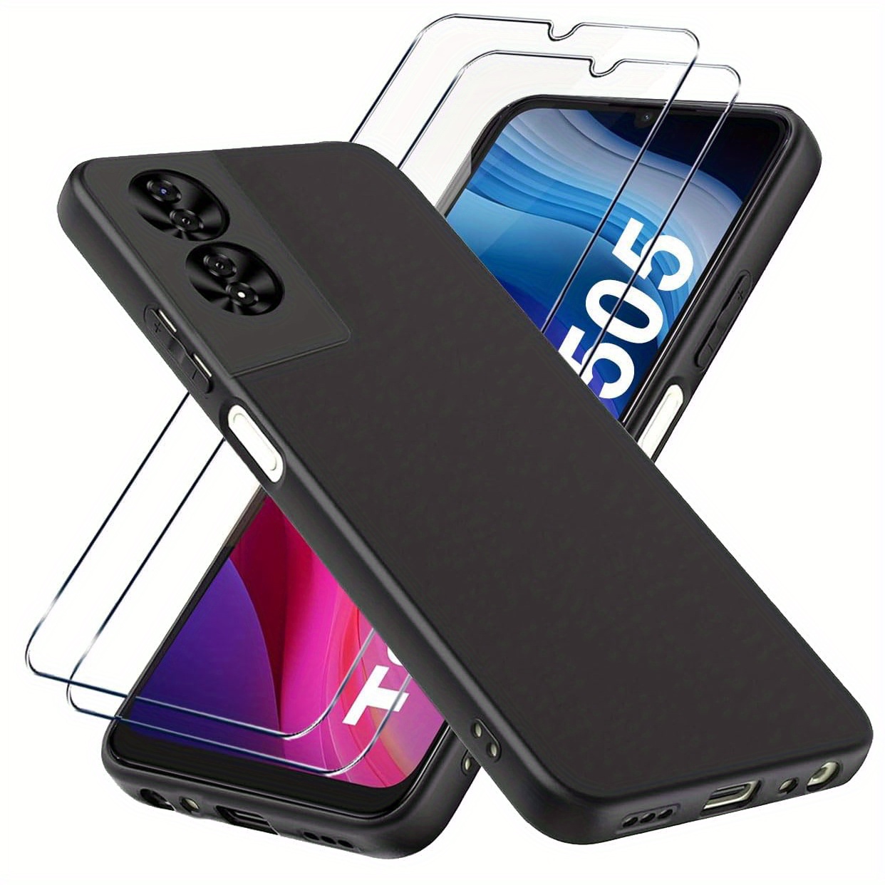 TEMU Phone Case - Case For Tcl 505 With 2pcs Tempered Glass Screen Protector, Slim Shockproof Flexible Black Matt Soft Silicone Protective Phone Case