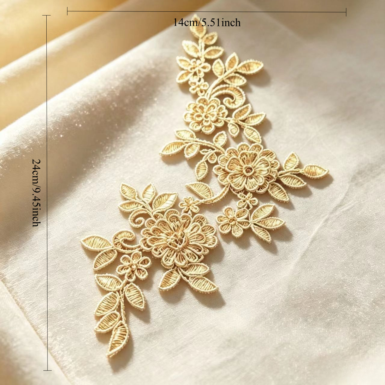 TEMU Patch décoratif appliqué brodé en tulle floral à feuilles et fleurs rétro, paire, doré clair, pour robe, Hanfu, cheongsam, sac, accessoires de