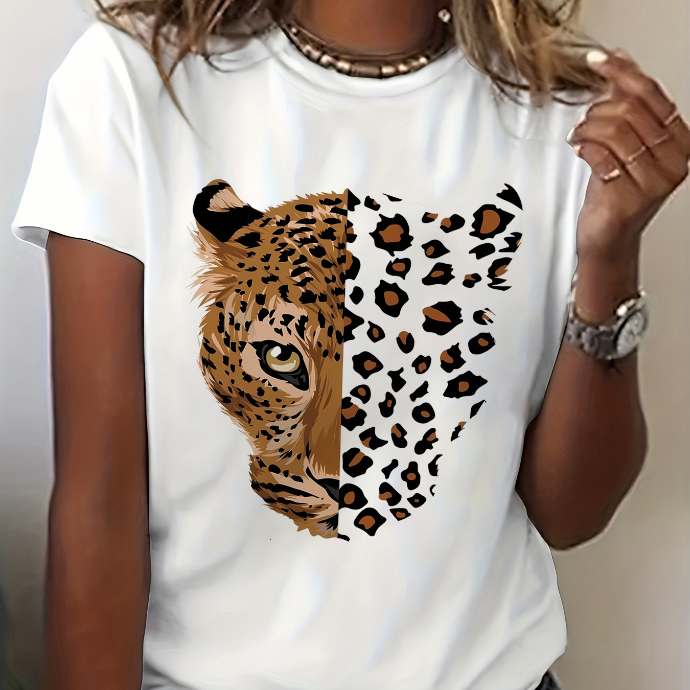 

T-shirt à imprimé vintage léopard tigre, manches courtes, col rond, haut décontracté pour l'été et , Vêtements pour femmes