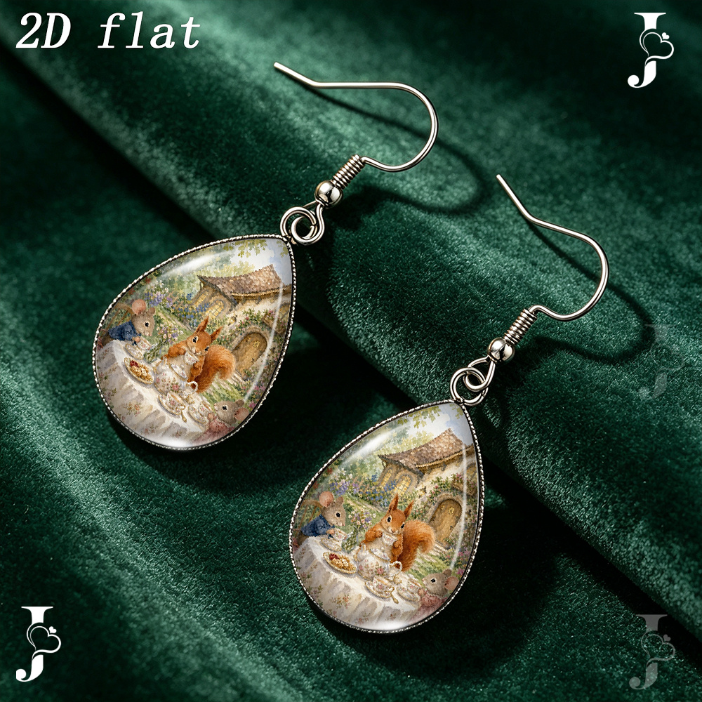 2D Flat Teardrop Dangle Earrings with Squirrel Pattern