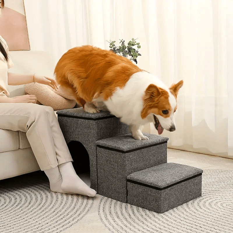 TEMU 1pc Foldable Dog Stairs, Anti- Slip Multi- Tier Dog Steps With Hidden Storage, Ideal For High Beds & Sofa, Durable Wear- Resistant, Solid Stairs