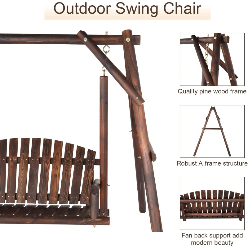 [Heavy Duty Swing] Bonnlo Heavy Duty 880 LBS Wooden Patio Porch Swing with A-Frame Stand, Hanging Swing Bench Chair with Frame for Outside, Yard, Garden (Rustic Sequoia Dusk/Natural)