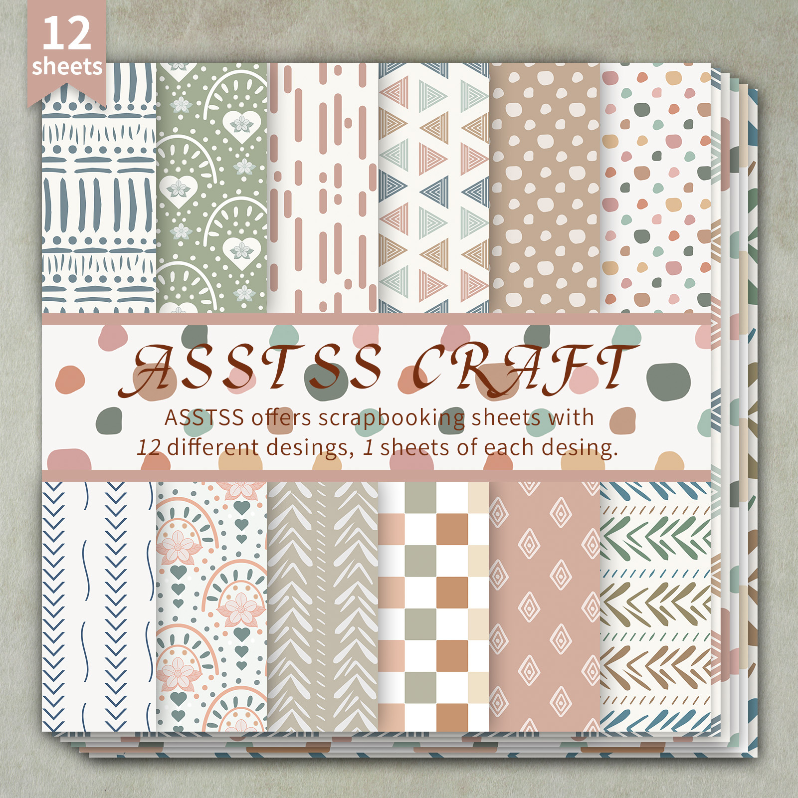 TEMU 12-sheet Asstss Scrapbooking Paper Pad Suitable For Journaling, Collage Art & Crafts - Morandi Color Boho Geometric & Floral Heavyweight