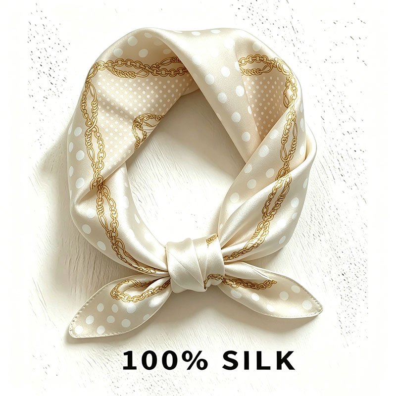 TEMU 1 Stück 100% Seiden Schal, Beige Farbe mit Kettenmuster Punkten, 60X60Cm, Bequem und Vielseitig, Geeignet für Alle Jahreszeiten, Eleganter