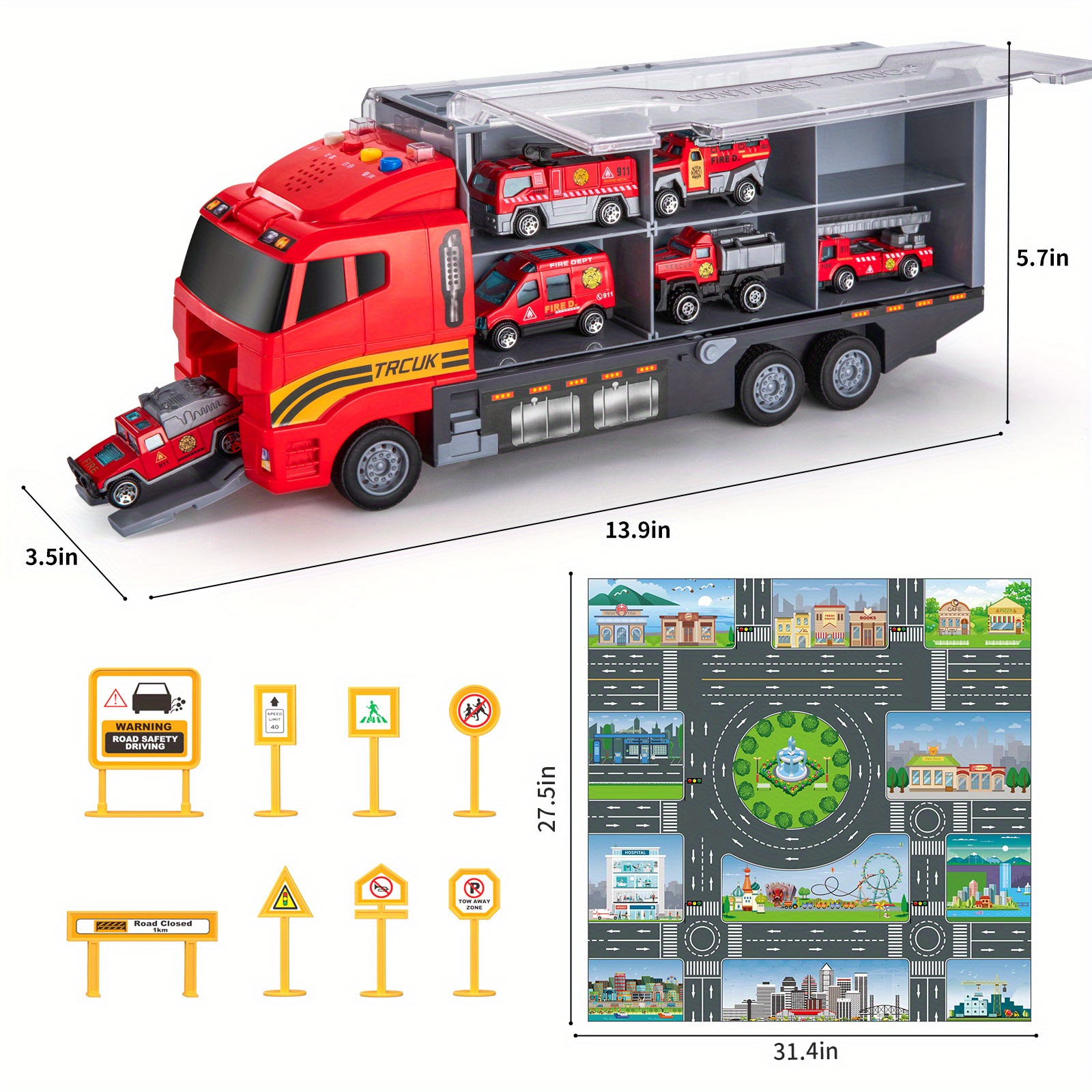 TEMU Ensemble de jouets camion de pompiers avec tapis de jeu pour garçons et filles, ensemble de voitures jouets en métal moulé , jouets de camion