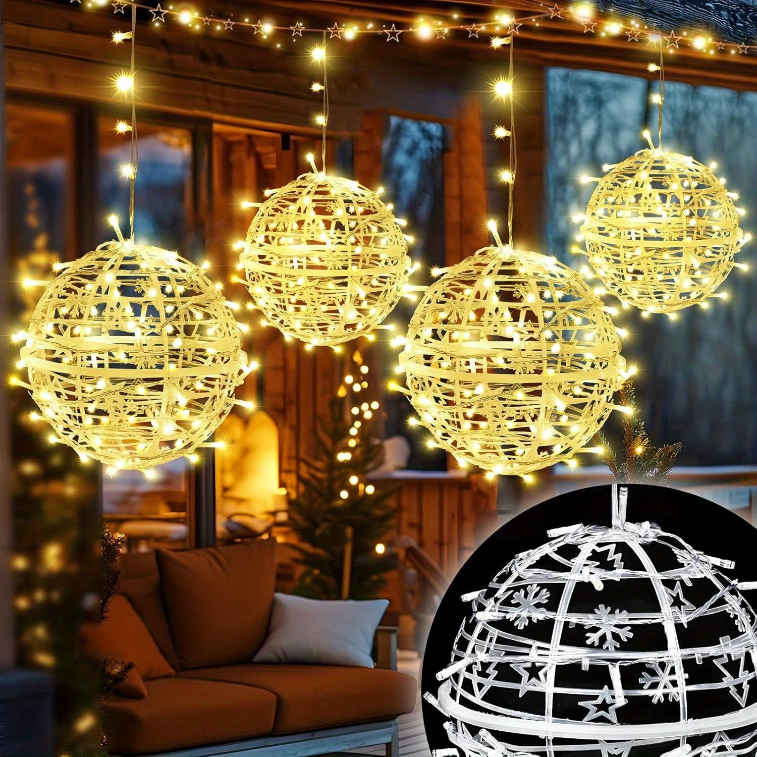 

4pcs Waterproof Christmas Lanterns - 8in Plug-in Outdoor Spherical Lights, 8 Lighting , 46 Pcs Mini Bulbsfor Decor, & Party Lighting, , Events