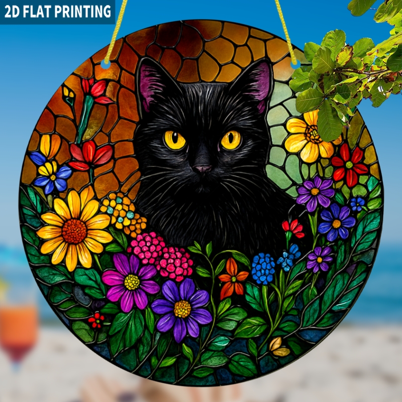 TEMU 2D Plat - 2D Vlak, 1 stuks, Ronde Acryl Zonvanger, Zwarte Kat Tussen Bloemen, Zonvanger, Hangende Decoratie, Raamdecoratie, Woonkamer Kunstwerk,