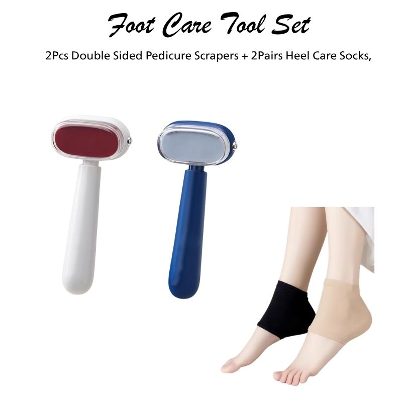 TEMU Fußpflege Werkzeug Set, 2 Stück Doppelseitige Pediküre Schaber und 2 Stück Fersenpflege Socken, für Home Pediküre Kit für Fußpflege, Fußpflege