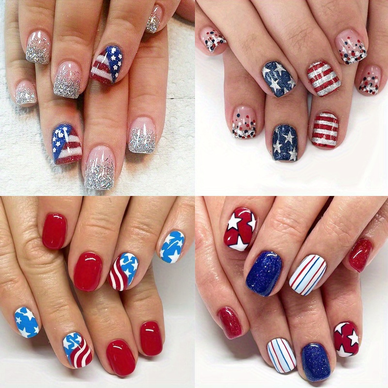 TEMU 96pcs (4pcs) Press On Nails - Patriotic Glitter Stars & , Glossy Short Square Fake Nails With Easy Application For Women, Day Manicure Art, Cute