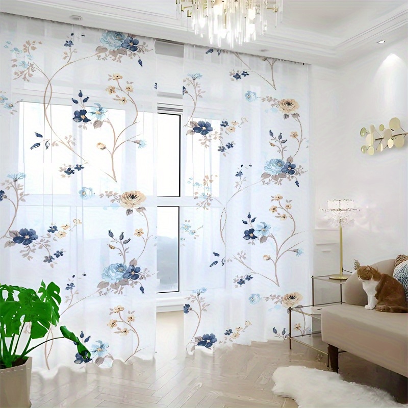 TEMU Lot de 2 Panneaux de Rideaux en Tulle Semi-Transparent Élégants avec Imprimé Filtrant - Voilages Adaptés pour Chambre & Salon, Traitements de