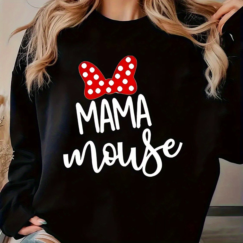 

Chic 'mama Mouse' Bow Print Women's Sweatshirt - Casual Round Neck Pullover, Lightweight Polyester, Machine Washable - Fall &