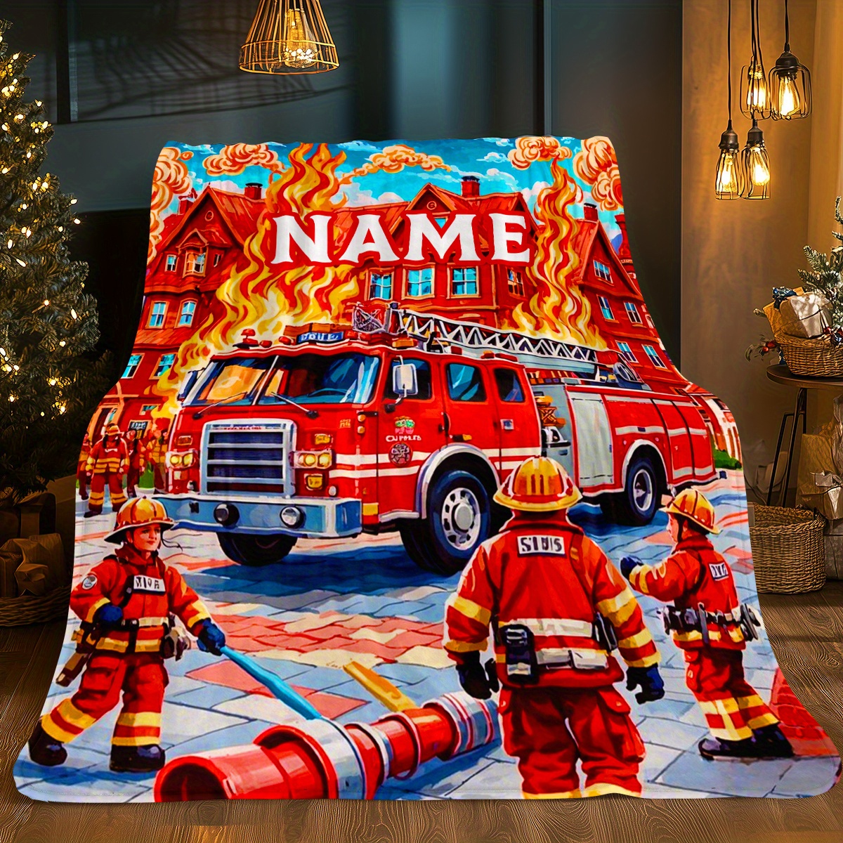 TEMU Custom Name Cartoon Fire Trucks And Firefighters Soft And Portable Blanket- Lightweight Flannel Throw For Sofa, Camping, Livingroom, Office,