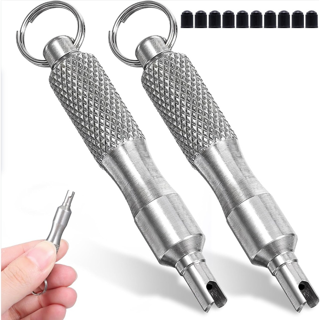 Image of 12pcs Set: 10 Tire Valve Caps, 2 Valve Core Removal Tools With Keychain, Tire Valve Stem Tools, Portable Valve Core Removal And Repair Tool For Bicycle And Motorcycle Maintenance