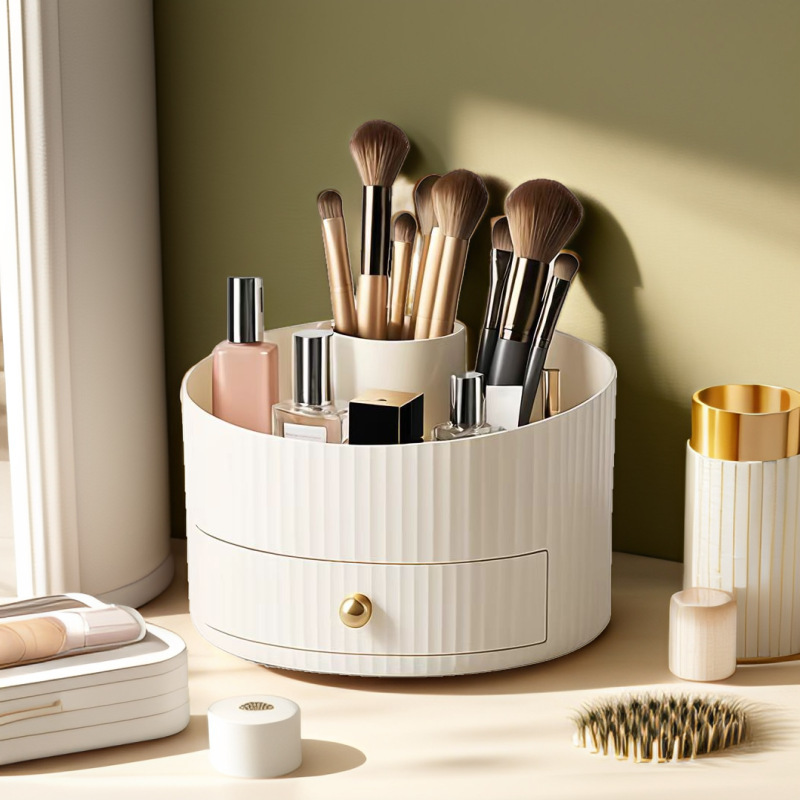 360 rotating makeup brush organizer with dustproof lid   vanity storage cup makeup brush holder for professional home use   travel elegant cosmetic organizer cup durable plastic material Product details 0
