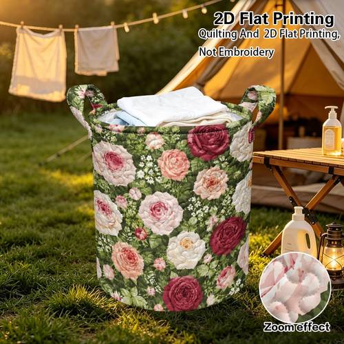 2d flat 1pc vintage floral roses round quilted hamper collapsible fabric basket with handles storage for towels clothes bathroom organized and tidy laundry baskets