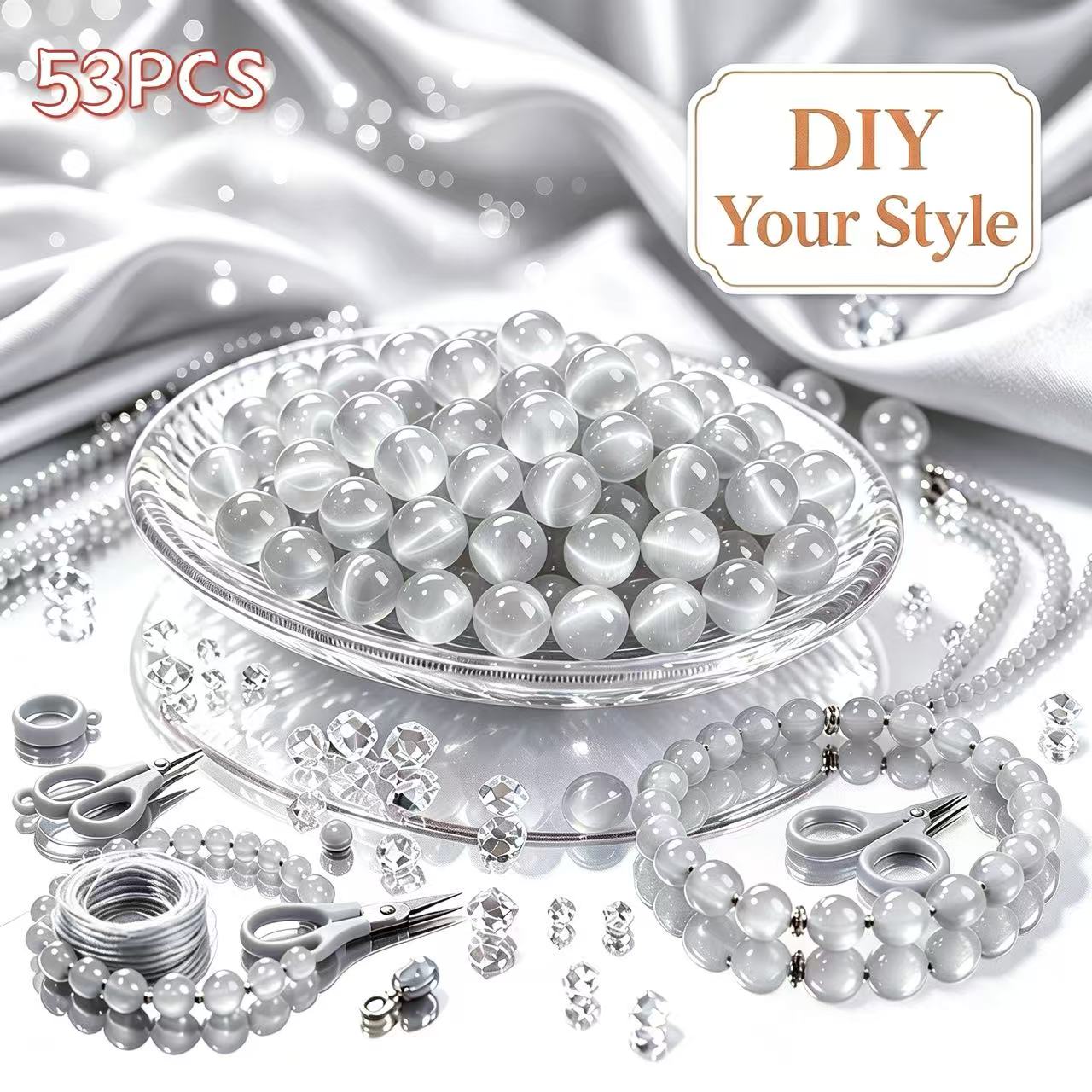 TEMU Lot de 53 perles décoratives en verre œil de chat gris, matériel de Bricolage pour bijoux, perles pour Bricolage de bijoux, Bricolage fait main,