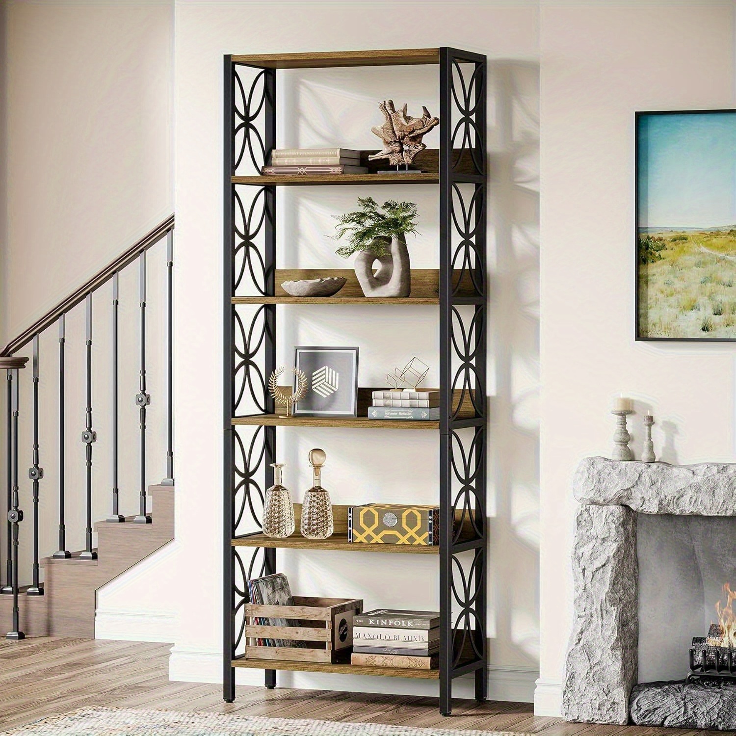 6-tier Tall Bookcase, 70.87" Industrial Bookshelf With Metal Frame, Display Shelf For Home Office, Bedroom Bookcase With 6 Shelf Storage, Modern Furniture For Small Spaces (1, Brown)
