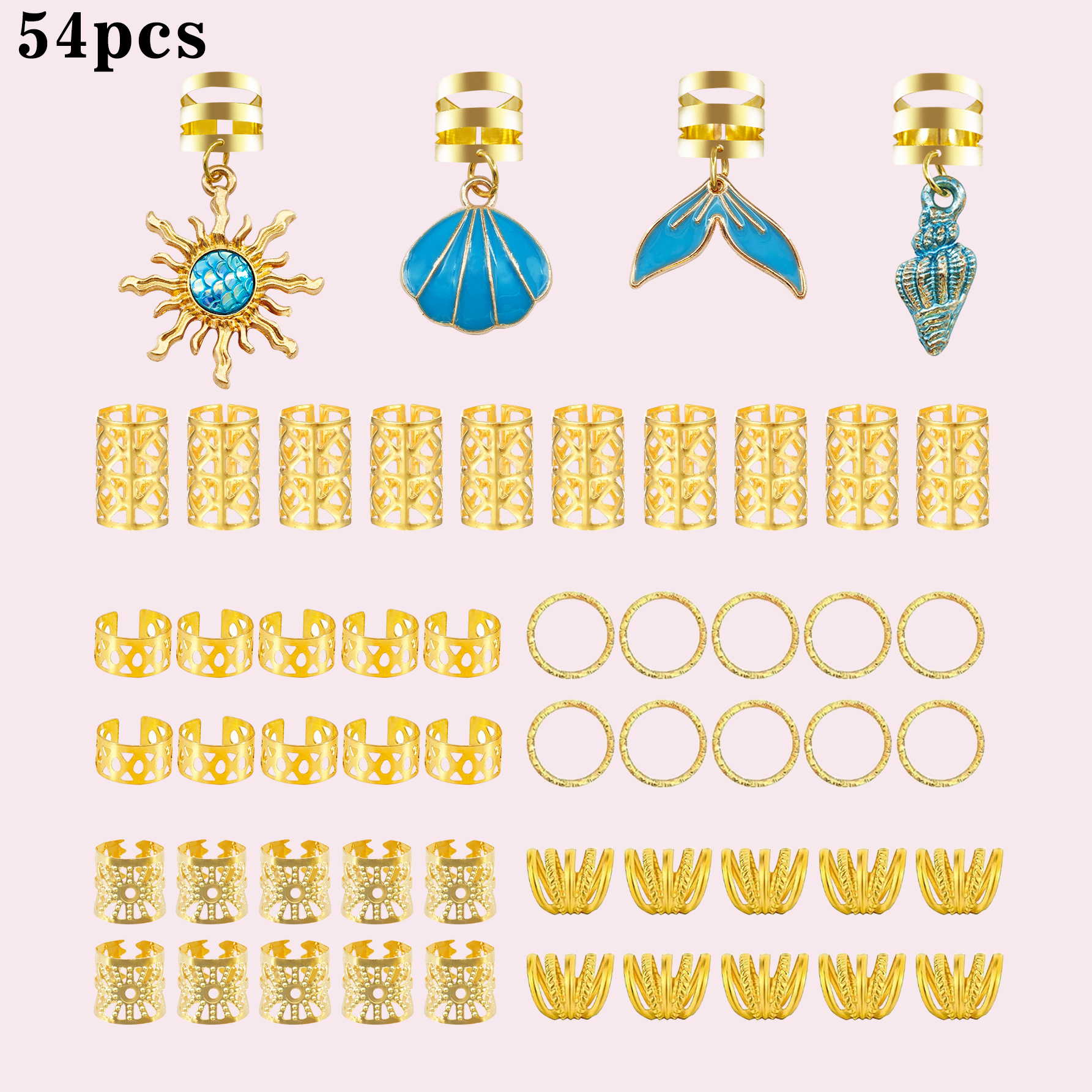 TEMU 54pcs Ocean Element Hair Rings With Blue Mermaid Tail, Shell, Sun & Conch - Adjustable Cuffs, Summer Beach Boho Hair Jewelry For Dreadlocks And