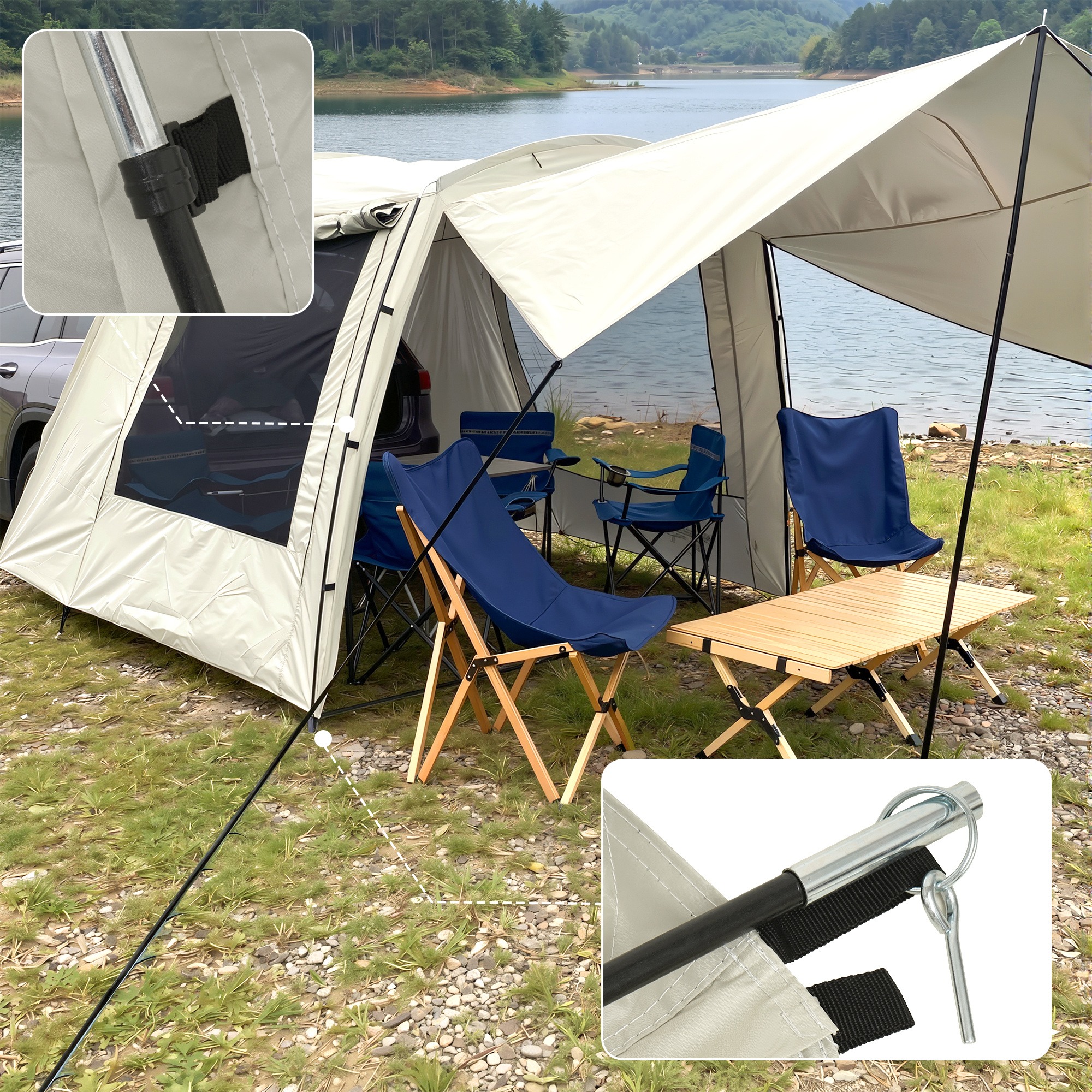 TEMU Large Suv Tailgate Tent With Awning - Windproof Oxford Fabric, Universal Fit For Most Suvs/mpv/, 4-6 Person Spacious Car Camping Tent With Mesh