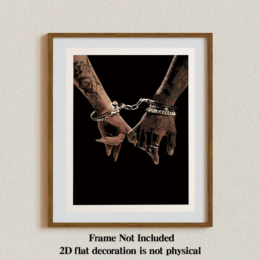 TEMU 2d Flat, 1pc Gothic Modern African American Couple Poster - Frameless Tattoo Love Symbol, Handcuffed Hands Holding Suitable For Bedroom, Living