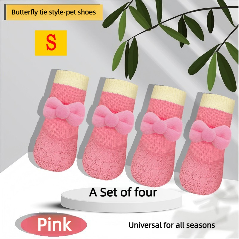 TEMU 4pcs Pet Shoe Set: New And Adorable Bowknot-style Boots. Dustproof, , And Silent Footwear For Cats And Dogs - Featuring Anti-loss Straps For A