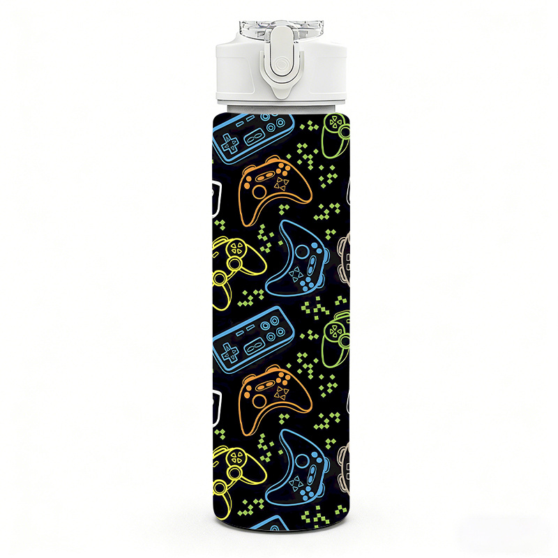 TEMU 1pc, 750ml (26oz), Plastic Water Bottle/tumbler With Lid, "vintage Game Controller" Cool Esports Style Printed Design, , Reusable Water Jug,