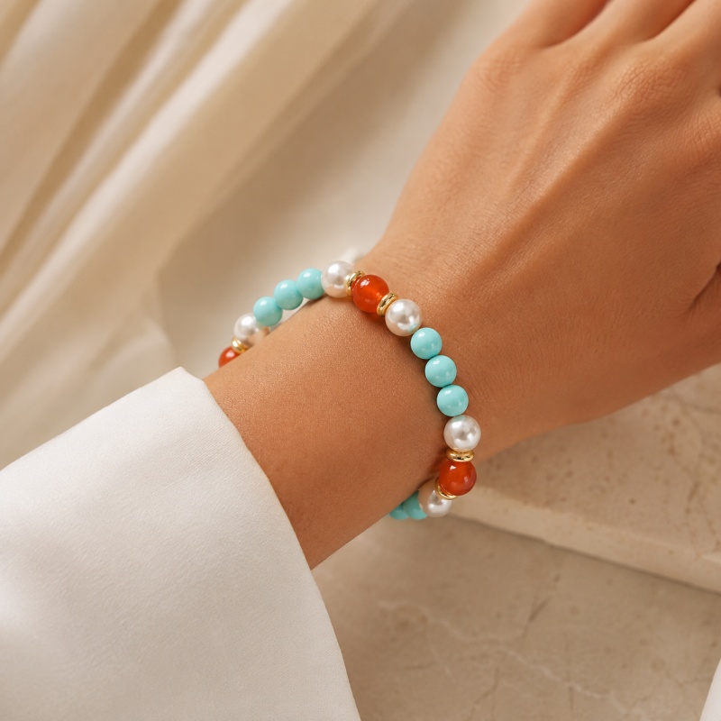 Wealth-Attracting Natural Stone Bead Bracelet, Mint Blue & Red Agate