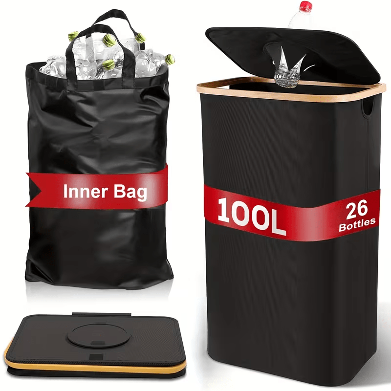 Image of Recycling Bin For Kitchen 26 Gallon, 100l Large Recycle Bins With Bamboo Lid, Removeable Reusable Inner Bags, Foldable Kitchen Trash Can For Recycling Bottle Glass Waste Plastics, Black