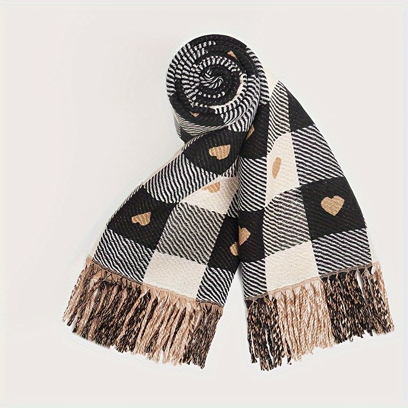 Women's Winter Scarf - Black and White Checkered with Golden Heart Pattern - Non-Stretch Elegant Shawl for Cold Weather - Suitable for Formal and Casual Wear - Vintage Fashion Accessory with Fringed Edges and Exquisite Craftsmanship