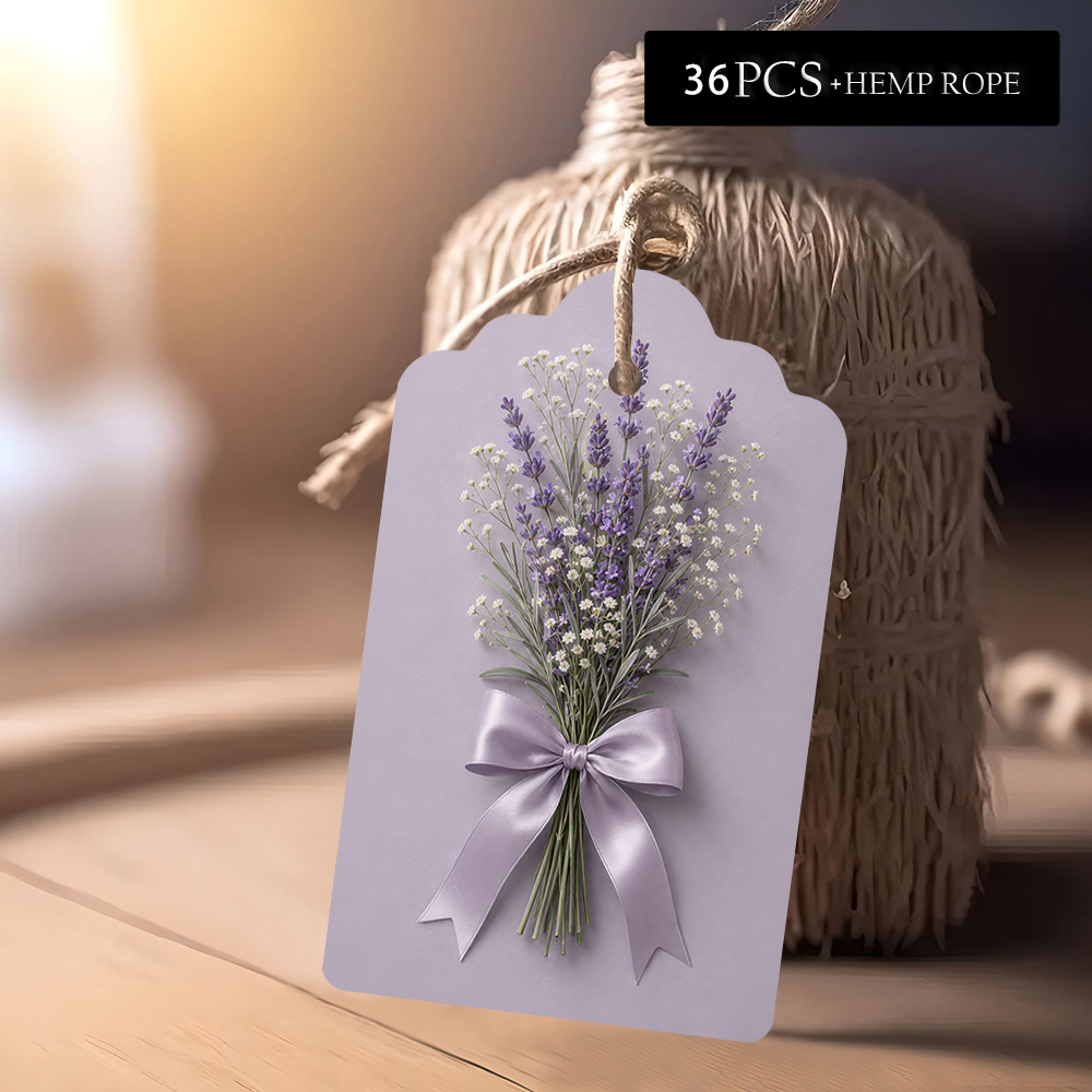 TEMU 36 etiquetas temáticas de lavanda para fiestas con cuerda de , festoneado de lavanda polvorienta con exhibición de ramo de lavanda , etiquetas