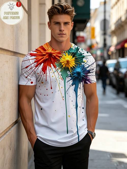 printed design not textured mens all t shirt vibrant abstract paint splatter design pattern high contrast graphic t shirt short sleeved round neck for summer and everyday casual wear