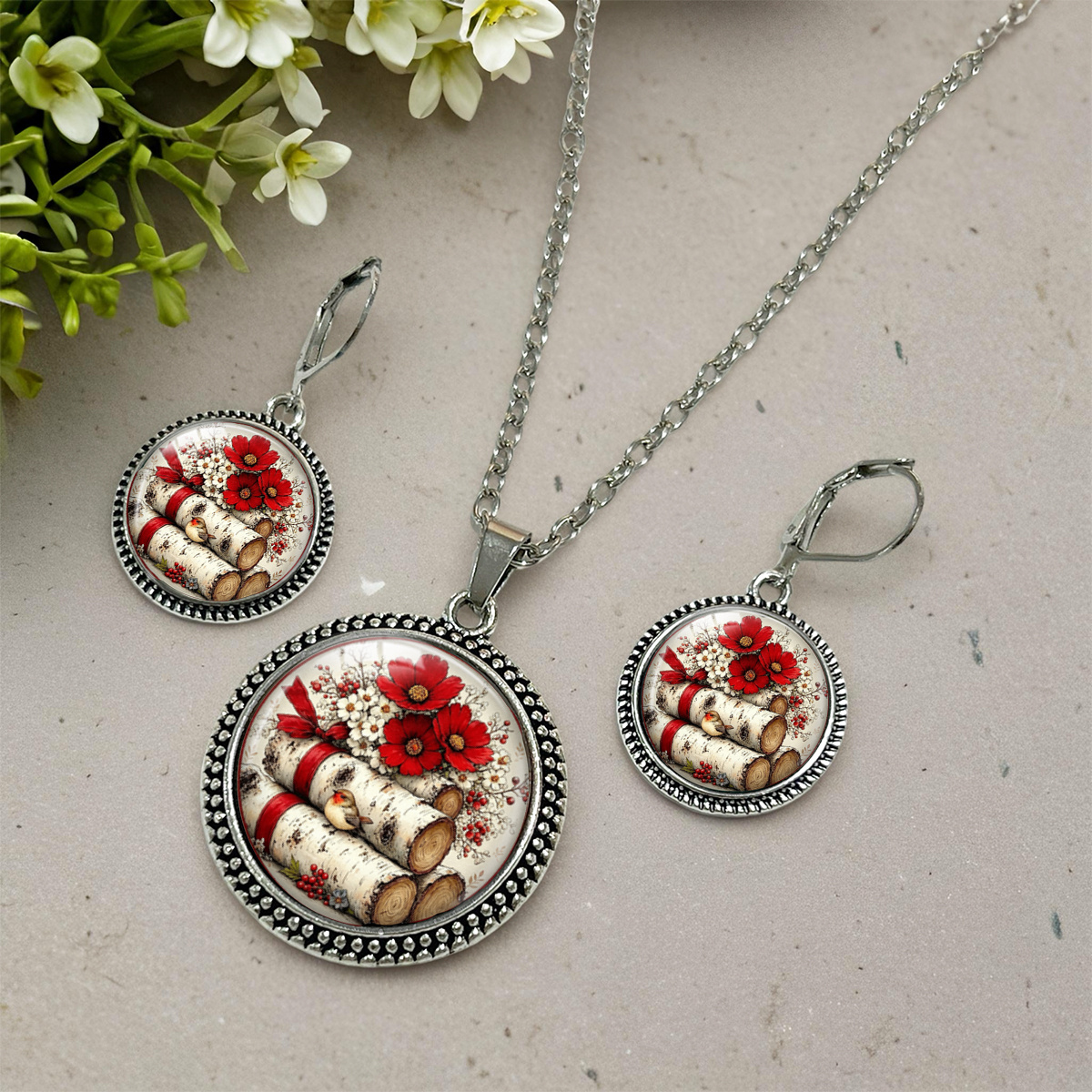 3pcs Tree Trunk Red Flowers Little Birds Necklace Earrings Set