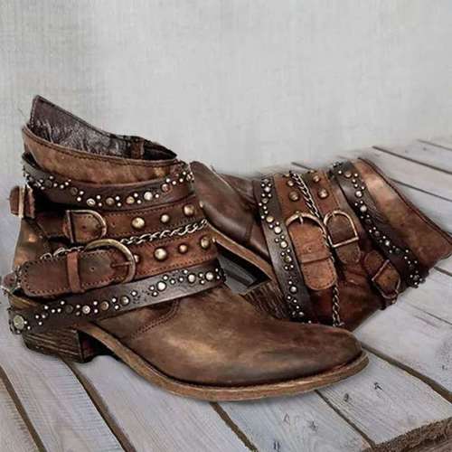 item picture european and american womens shoes thick heeled belt short shaft single boots for autumn and winter 2025 short boots made of distressed with rivets chains and buckles retro style with steampunk flavor designed specifically women shoes