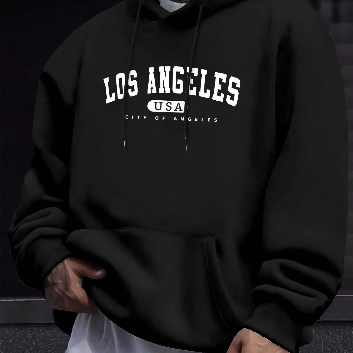 

1pc Los Angeles Usa Angels Graphic Hoodie, Casual Polyester Knit Fabric With Stretch, Geometric-pattern Hooded Sweatshirt For Men, Regular Fit For Spring/fall - Casual Scene