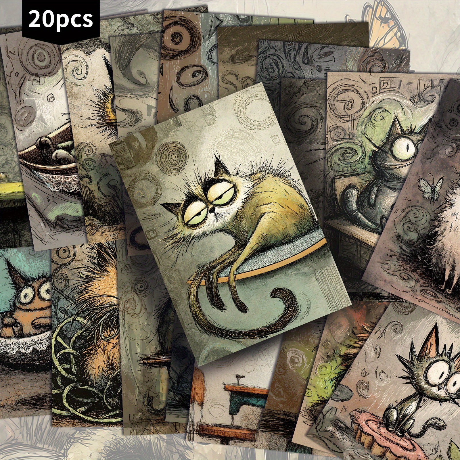 E-shop Set mit 20 Retro Aquarell Katzen Postkarten - 4X6 Zoll, Ideal für Junk Journals, mit klassischer Kunst, für Scrapbooking und Bastelprojekte